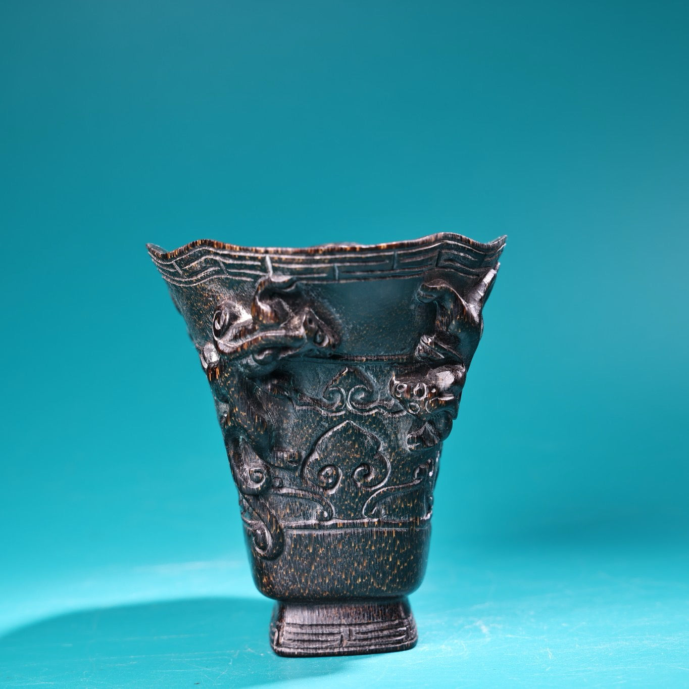 Chinese Antique High Relief Carving Rhinoceros Horn Point Carving Wine Cup