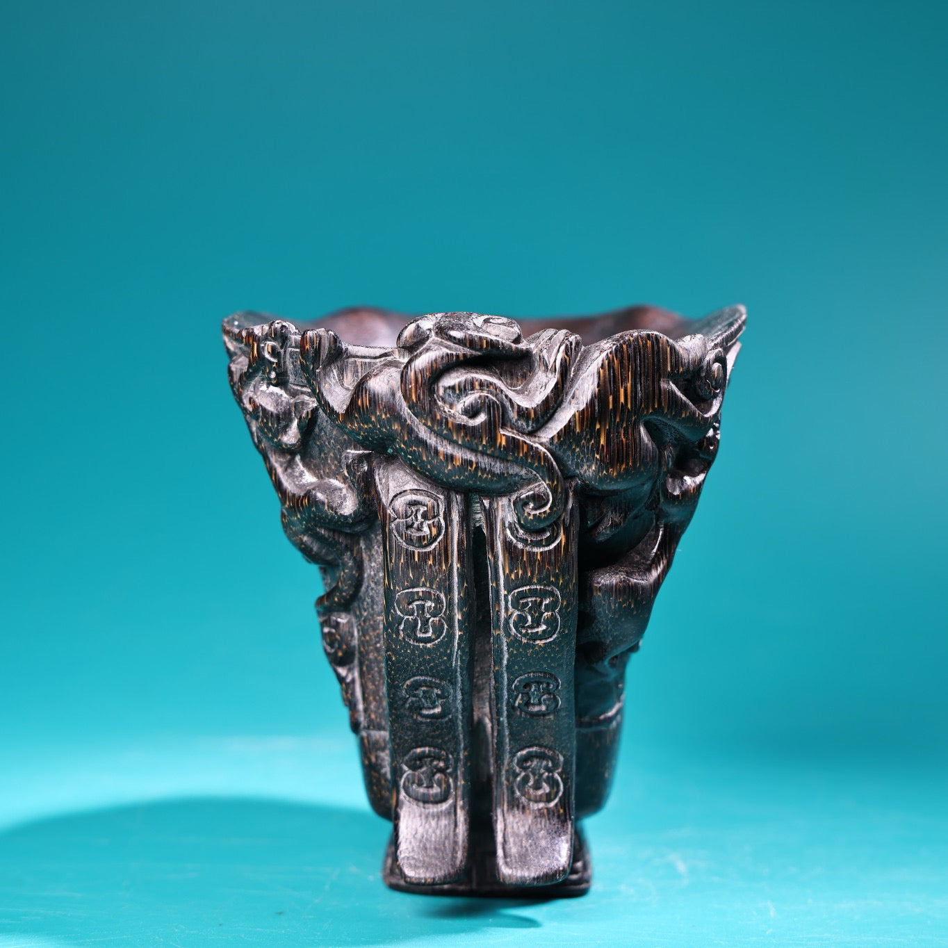 Chinese Antique High Relief Carving Rhinoceros Horn Point Carving Wine Cup