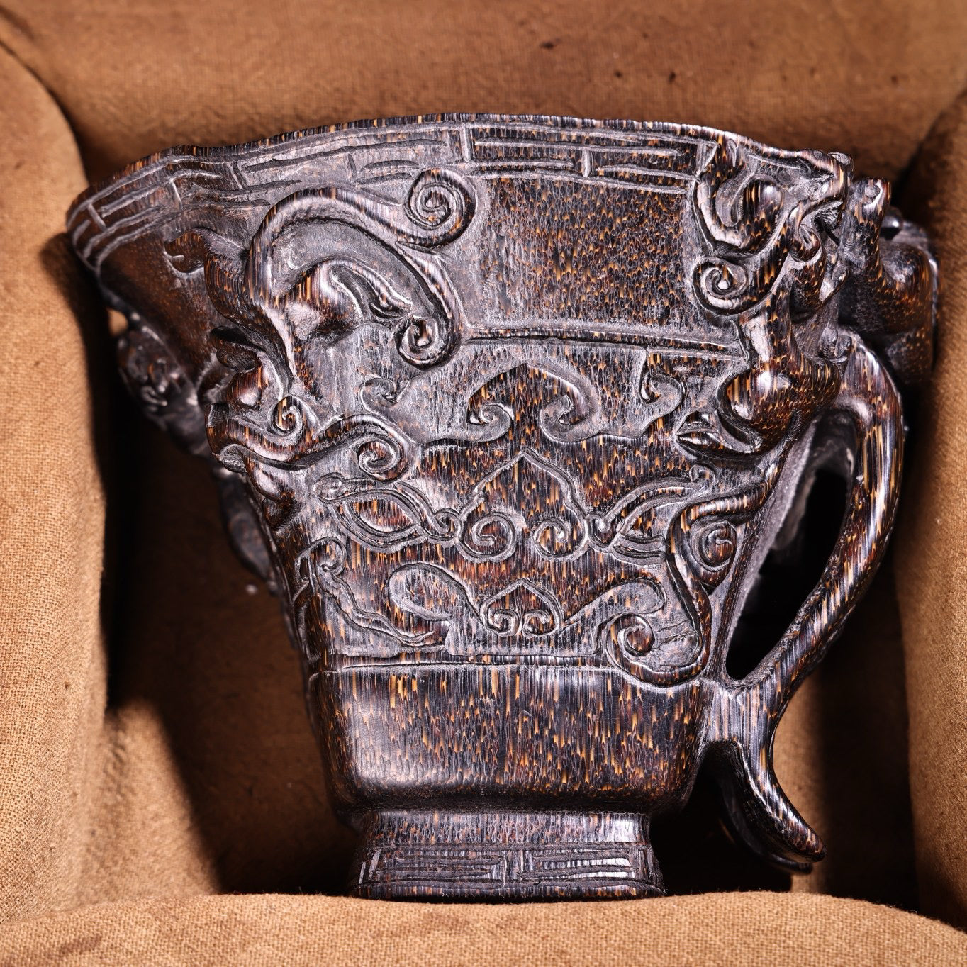 Chinese Antique High Relief Carving Rhinoceros Horn Point Carving Wine Cup