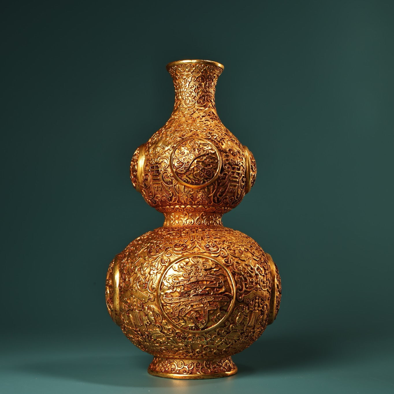 Chinese antique pure copper lucky, lucky, longevity, and happy gourd vase