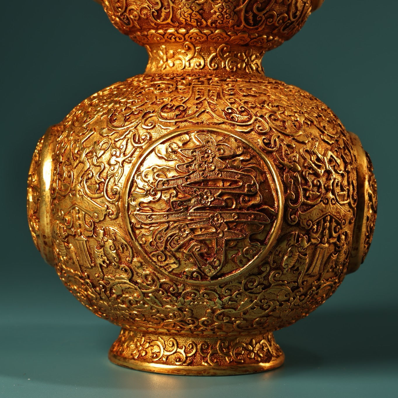 Chinese antique pure copper lucky, lucky, longevity, and happy gourd vase