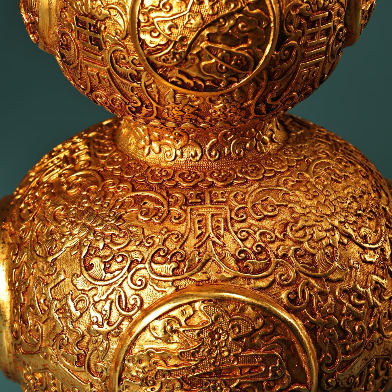 Chinese antique pure copper lucky, lucky, longevity, and happy gourd vase