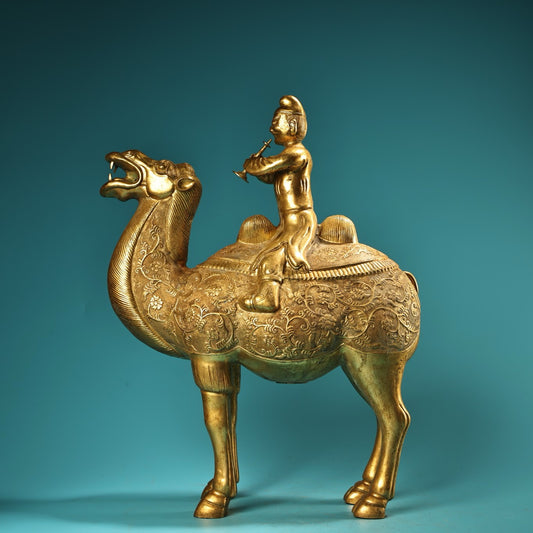 Chinese Antique Pure Copper All Copper High Relief Carving with Gilded Gold Riding Camel and Loving Brave Men
