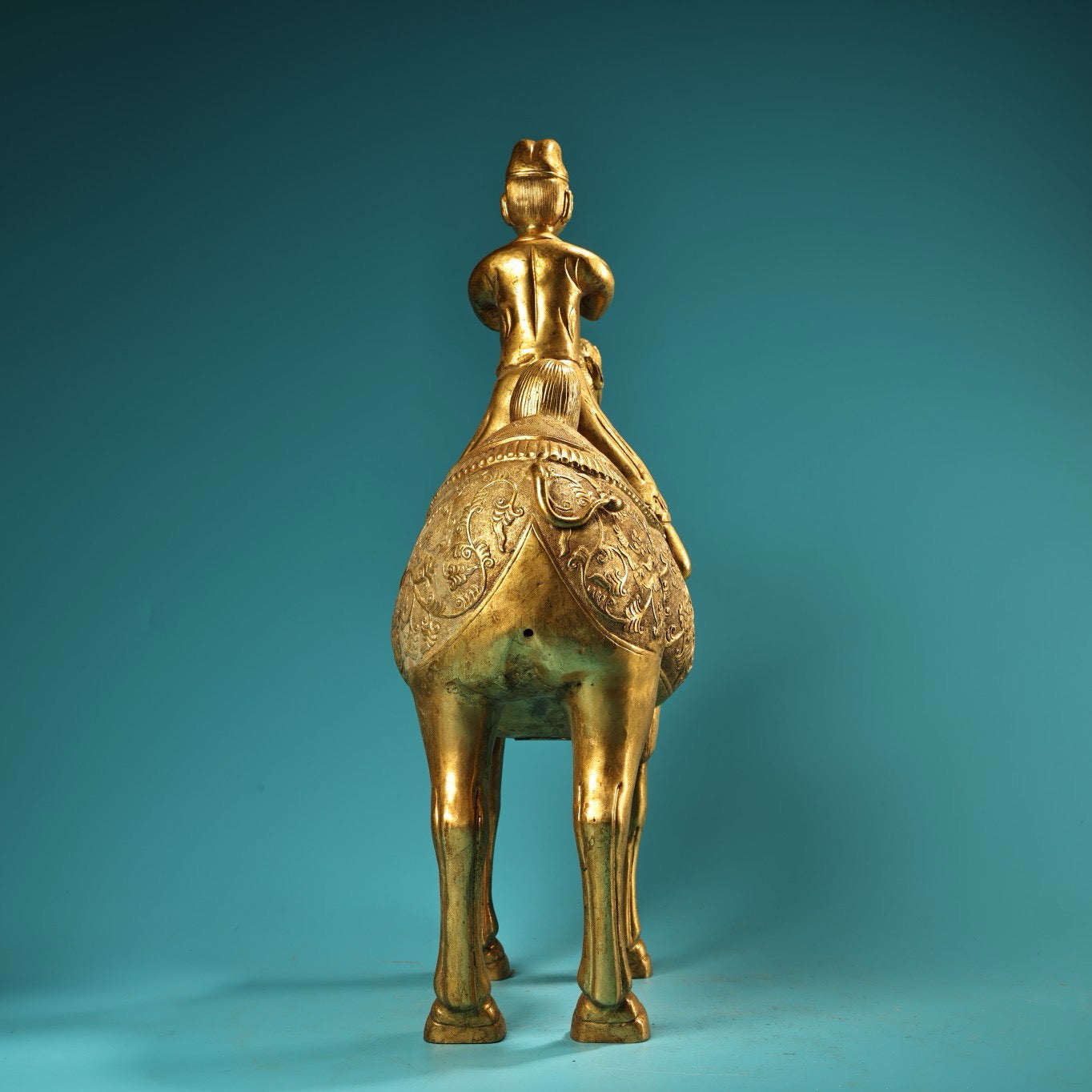 Chinese Antique Pure Copper All Copper High Relief Carving with Gilded Gold Riding Camel and Loving Brave Men