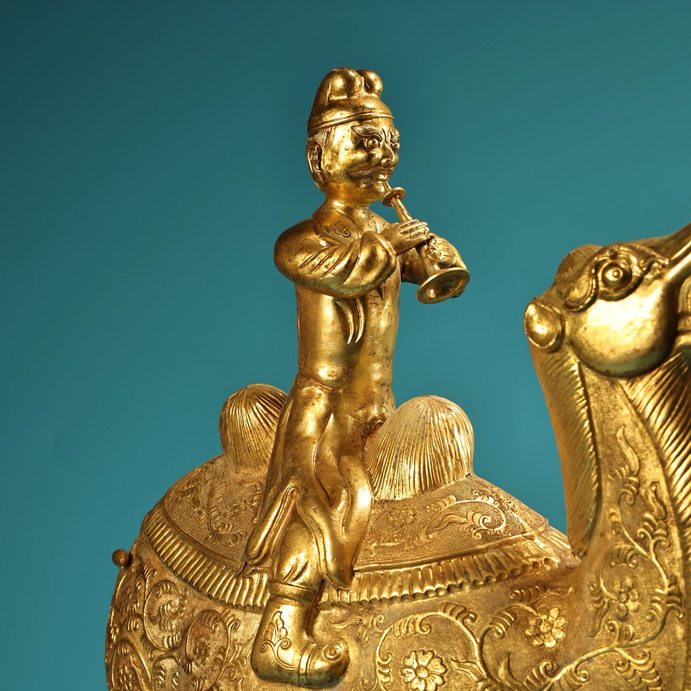 Chinese Antique Pure Copper All Copper High Relief Carving with Gilded Gold Riding Camel and Loving Brave Men