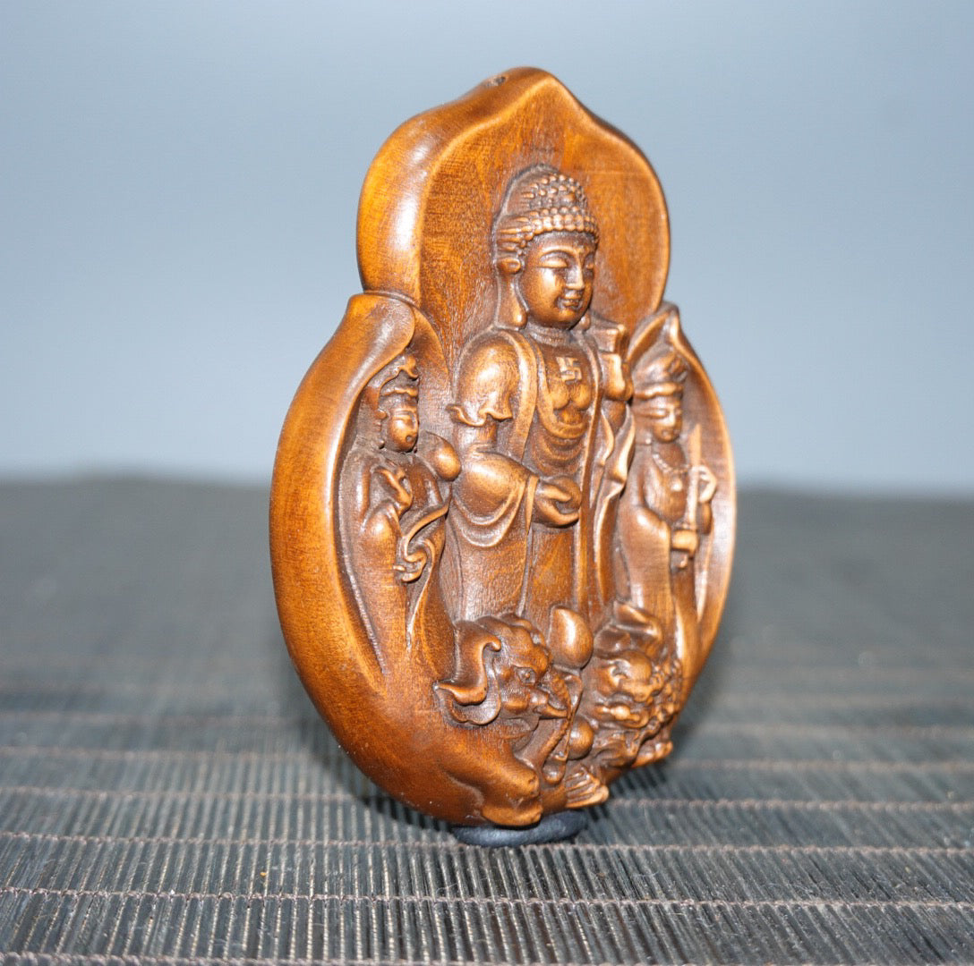 Chinese antique boxwood Western Three Saints double-sided sign
