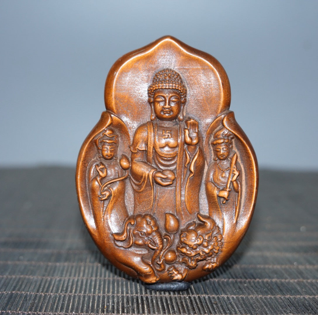Chinese antique boxwood Western Three Saints double-sided sign