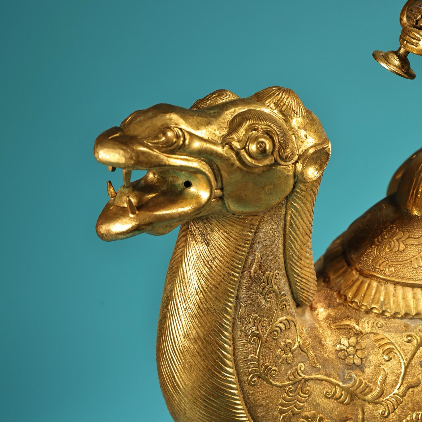 Chinese Antique Pure Copper All Copper High Relief Carving with Gilded Gold Riding Camel and Loving Brave Men