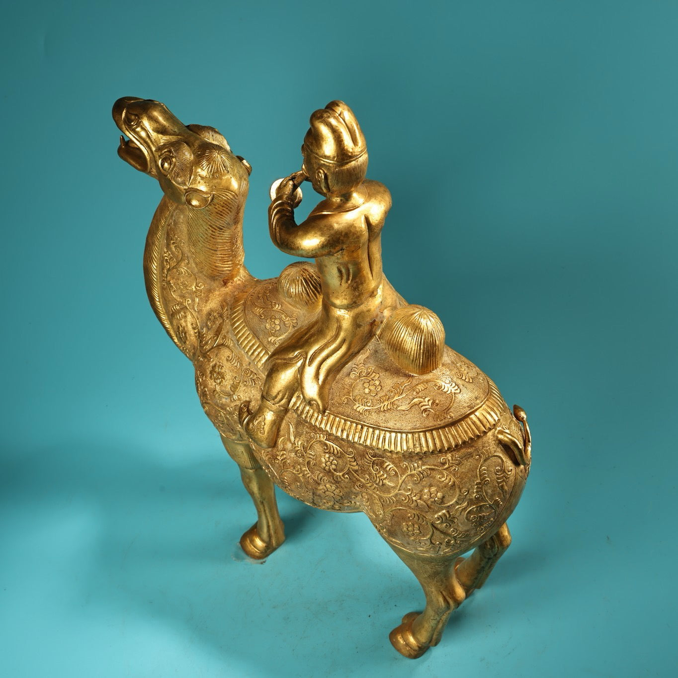 Chinese Antique Pure Copper All Copper High Relief Carving with Gilded Gold Riding Camel and Loving Brave Men