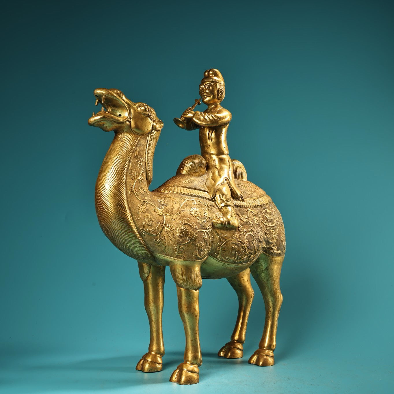 Chinese Antique Pure Copper All Copper High Relief Carving with Gilded Gold Riding Camel and Loving Brave Men