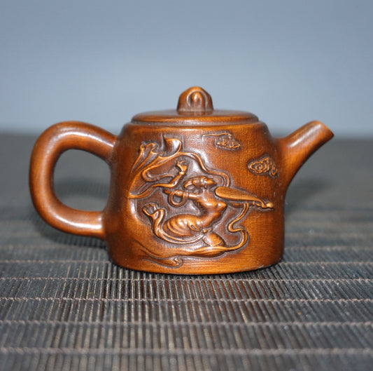 Chinese antique boxwood flying handle pot