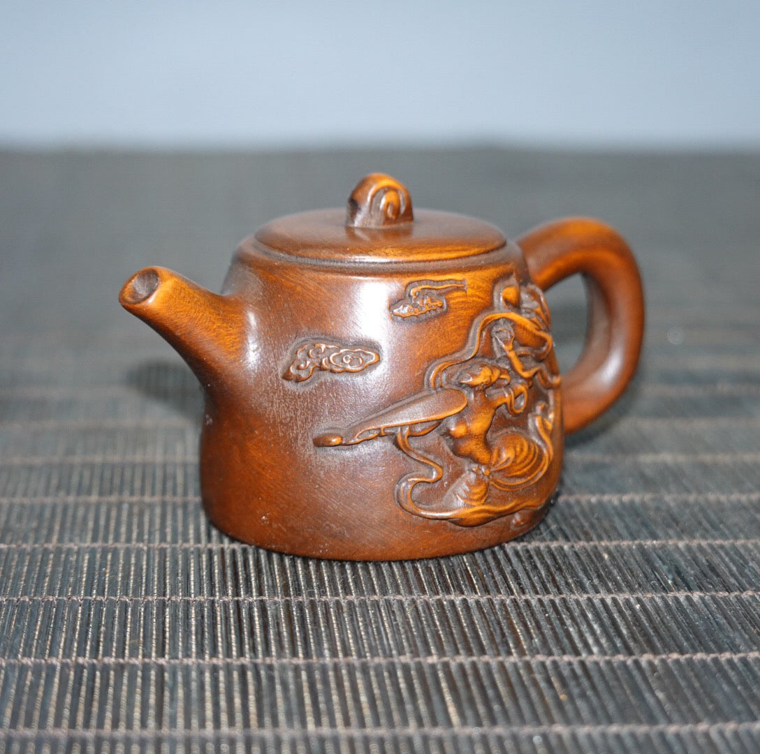 Chinese antique boxwood flying handle pot