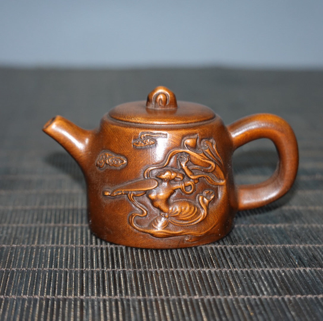 Chinese antique boxwood flying handle pot
