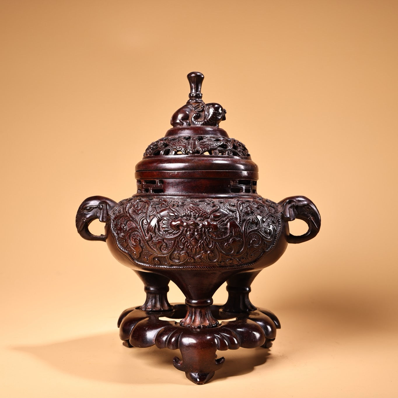 Chinese antique pure copper high relief carved incense burner