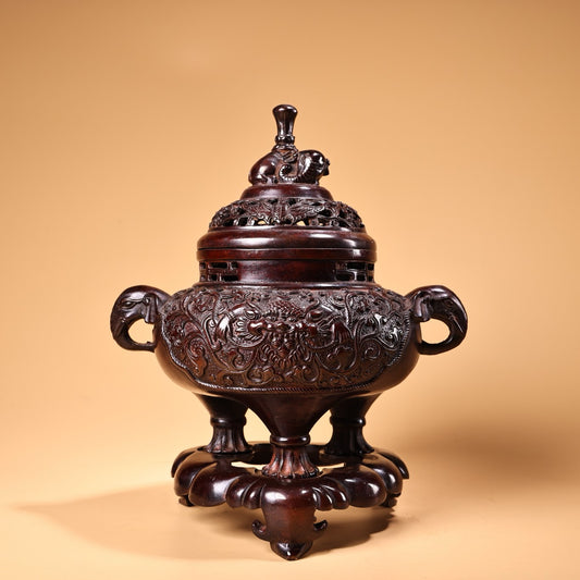 Chinese antique pure copper high relief carved incense burner