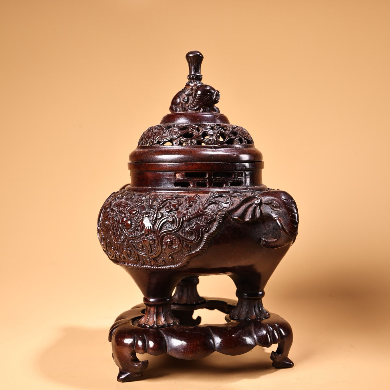 Chinese antique pure copper high relief carved incense burner