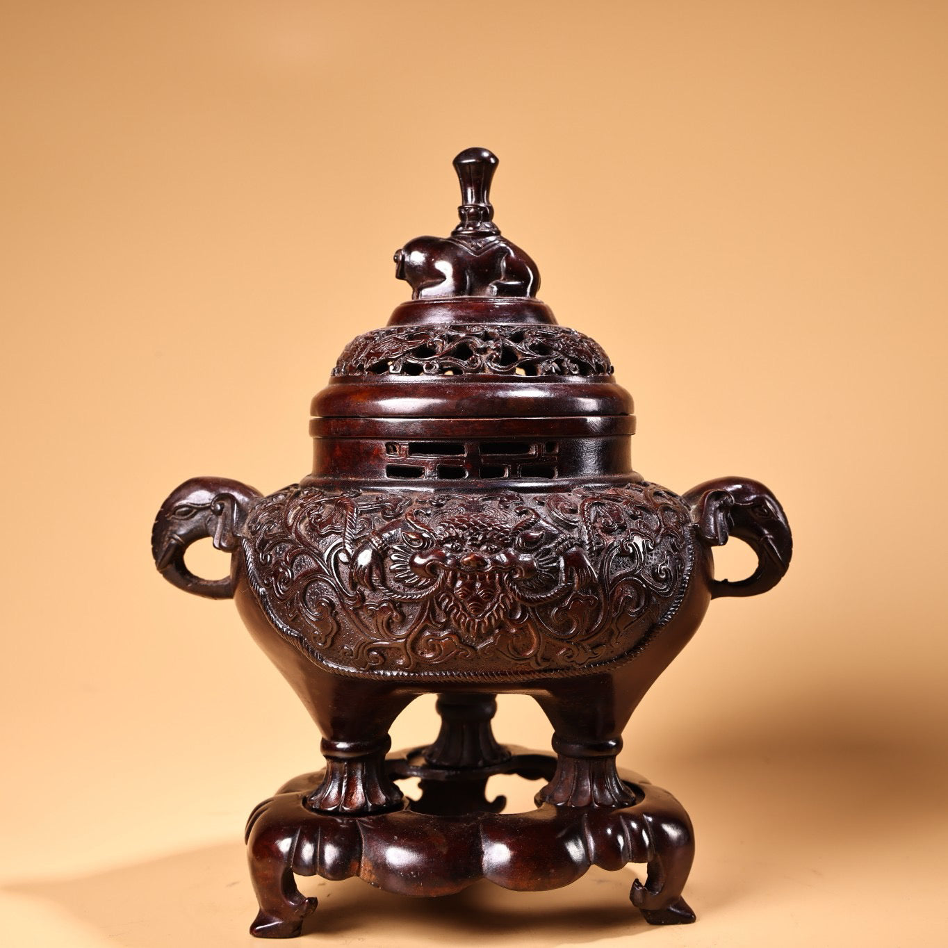 Chinese antique pure copper high relief carved incense burner