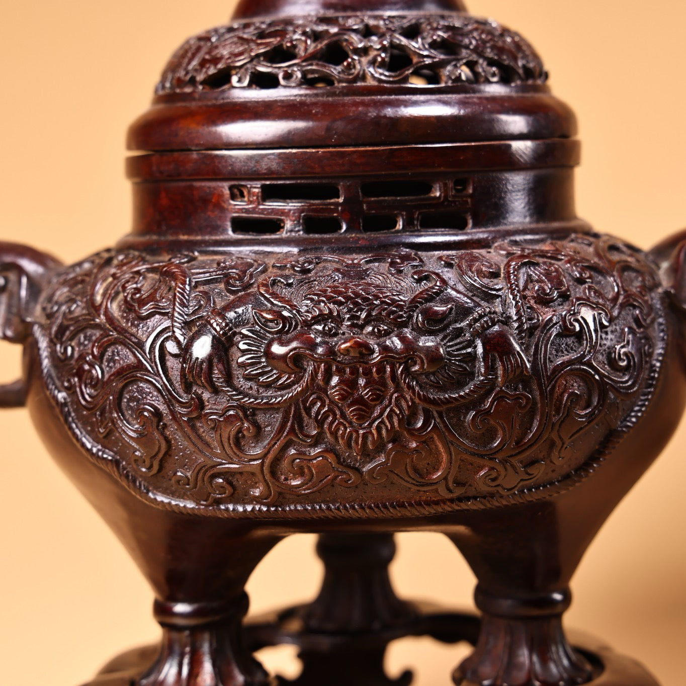 Chinese antique pure copper high relief carved incense burner