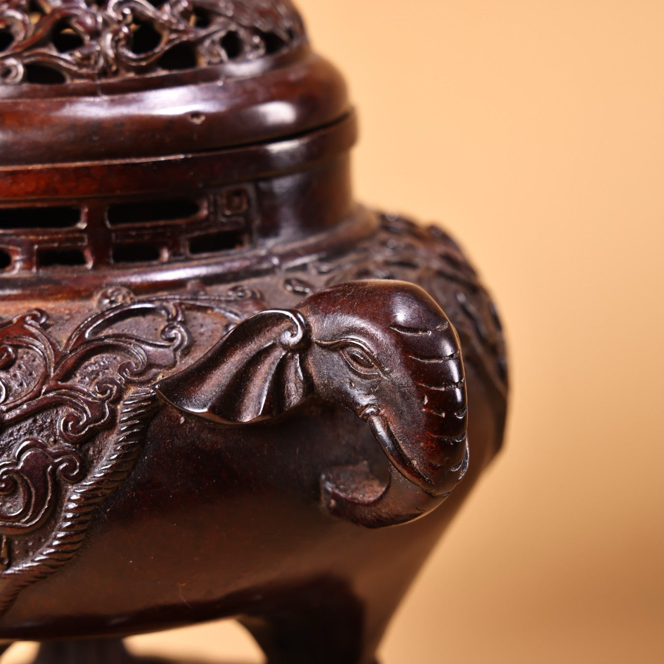 Chinese antique pure copper high relief carved incense burner