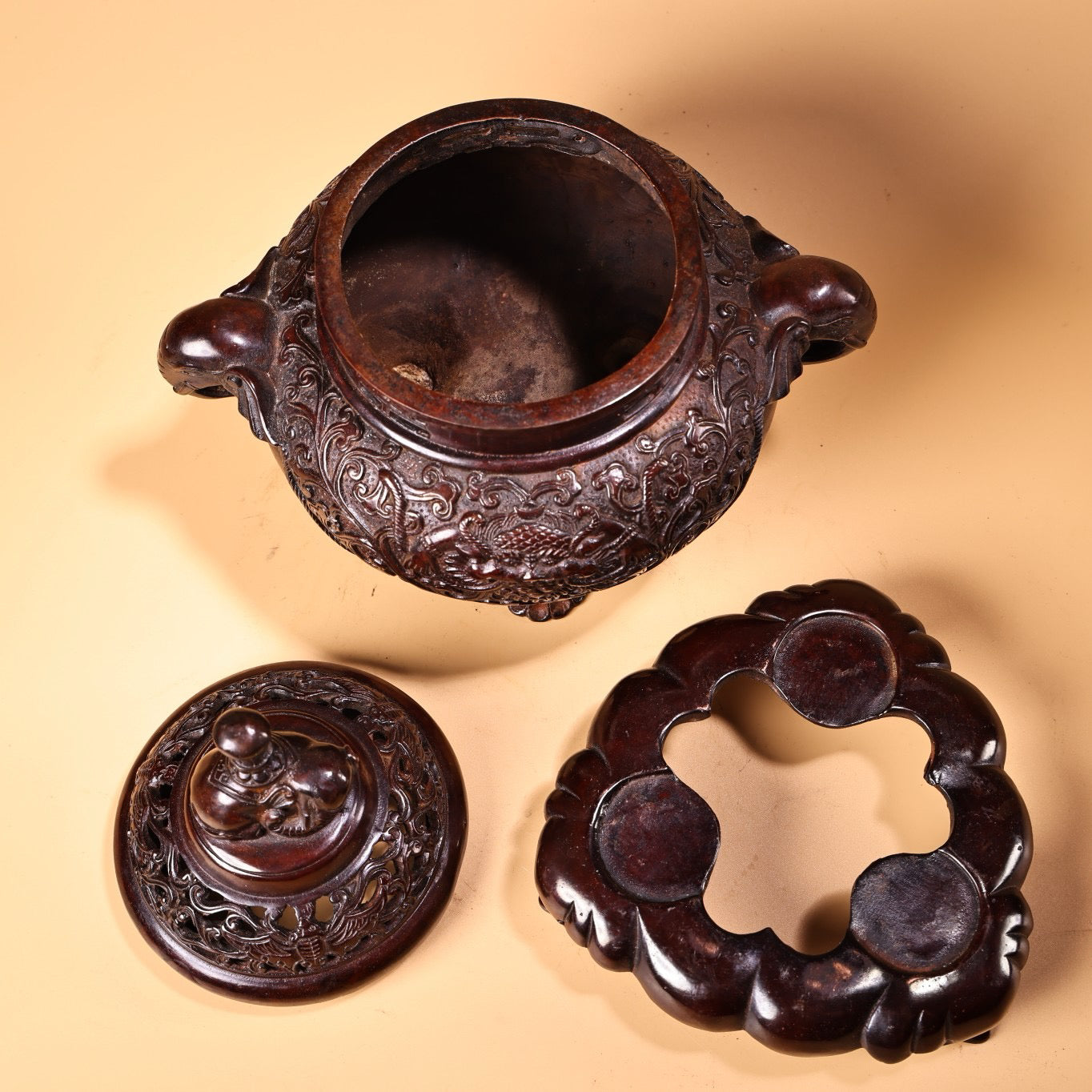 Chinese antique pure copper high relief carved incense burner