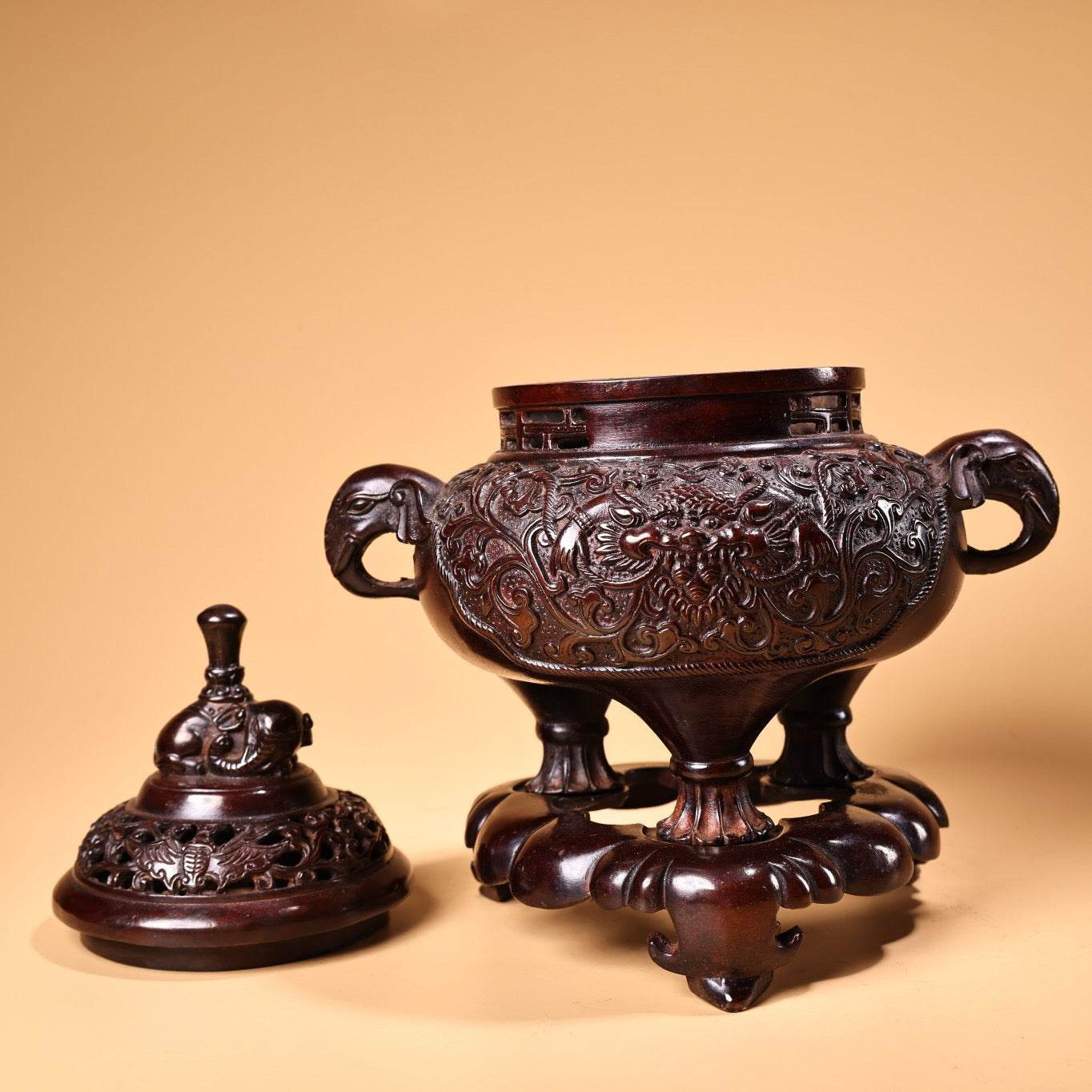 Chinese antique pure copper high relief carved incense burner