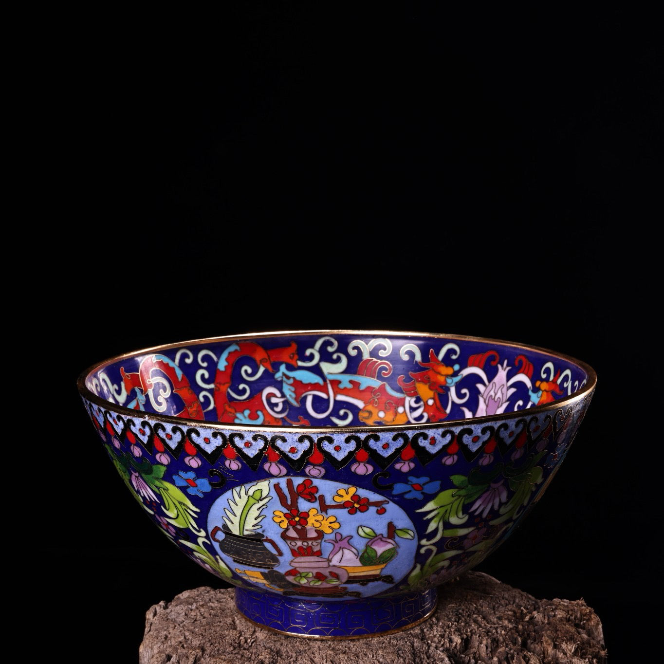 Chinese antique pure copper wire wound enamel cloisonn é gilded large bowl