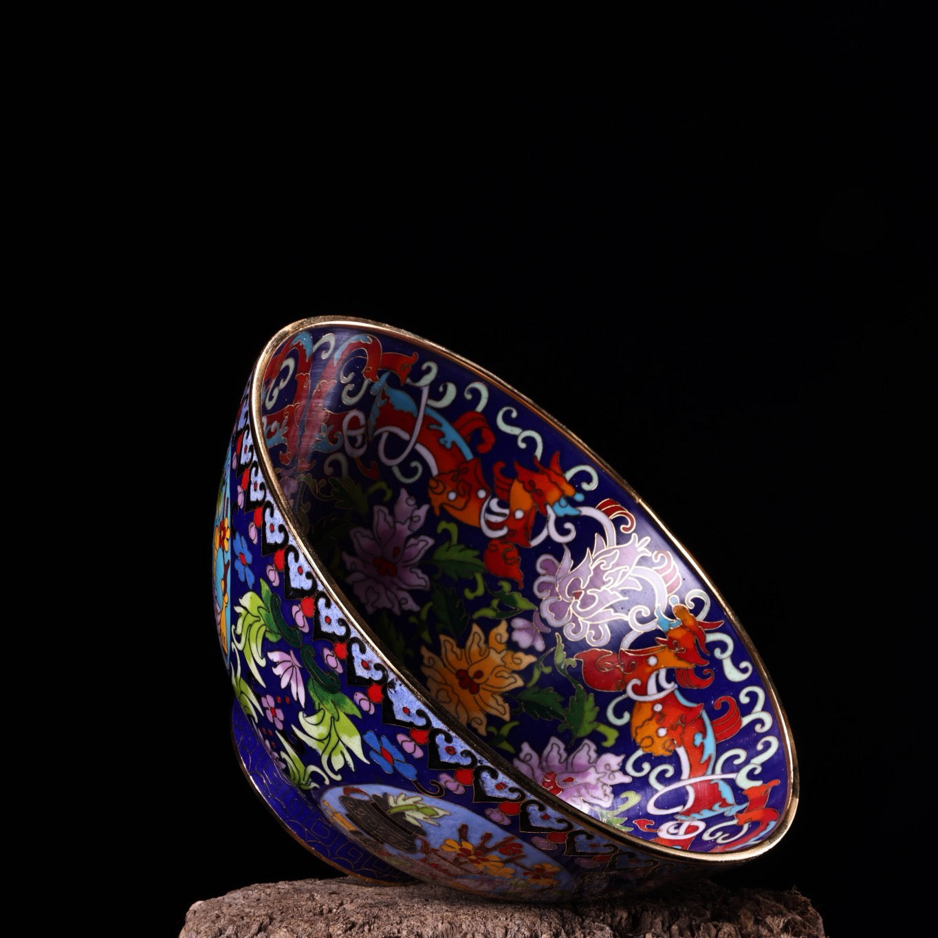 Chinese antique pure copper wire wound enamel cloisonn é gilded large bowl