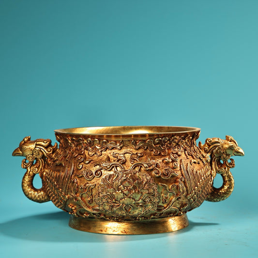 Chinese antique pure copper high relief carved phoenix ear incense burner