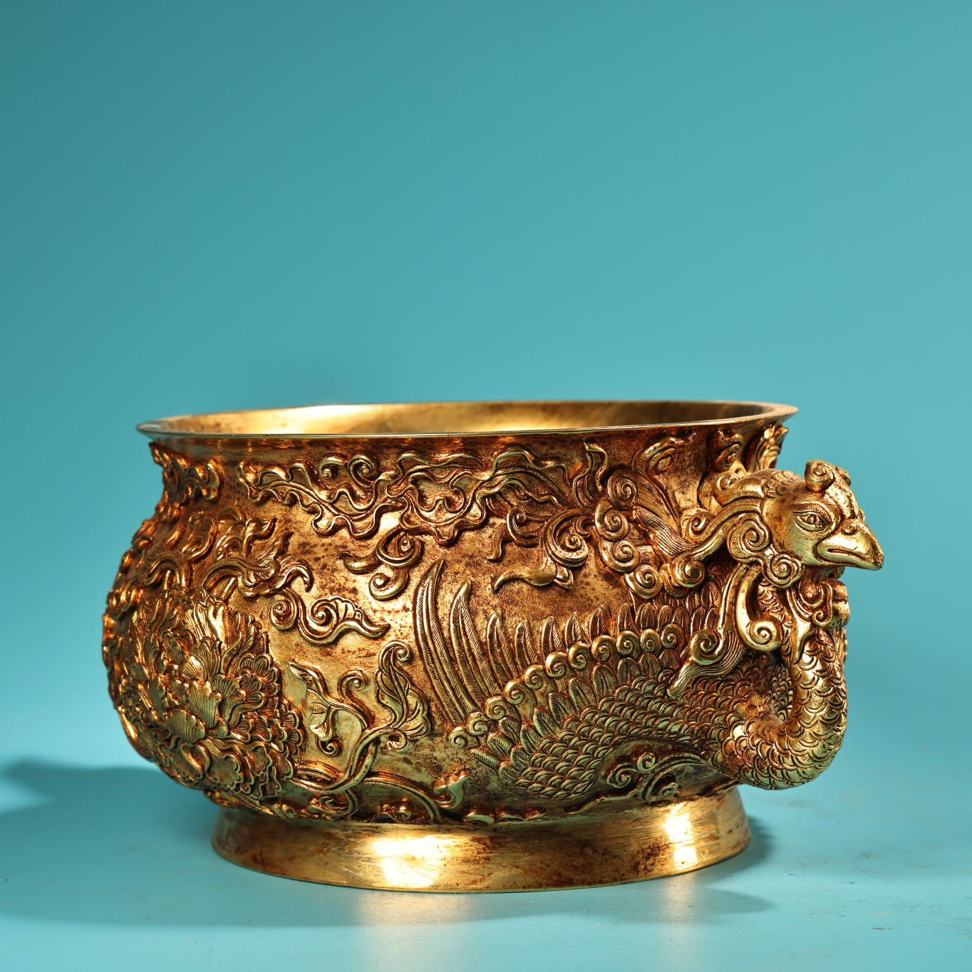 Chinese antique pure copper high relief carved phoenix ear incense burner
