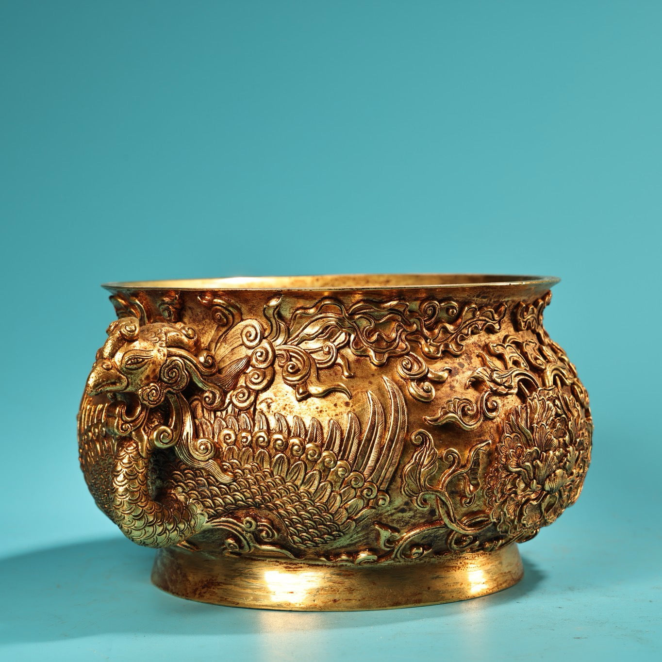 Chinese antique pure copper high relief carved phoenix ear incense burner