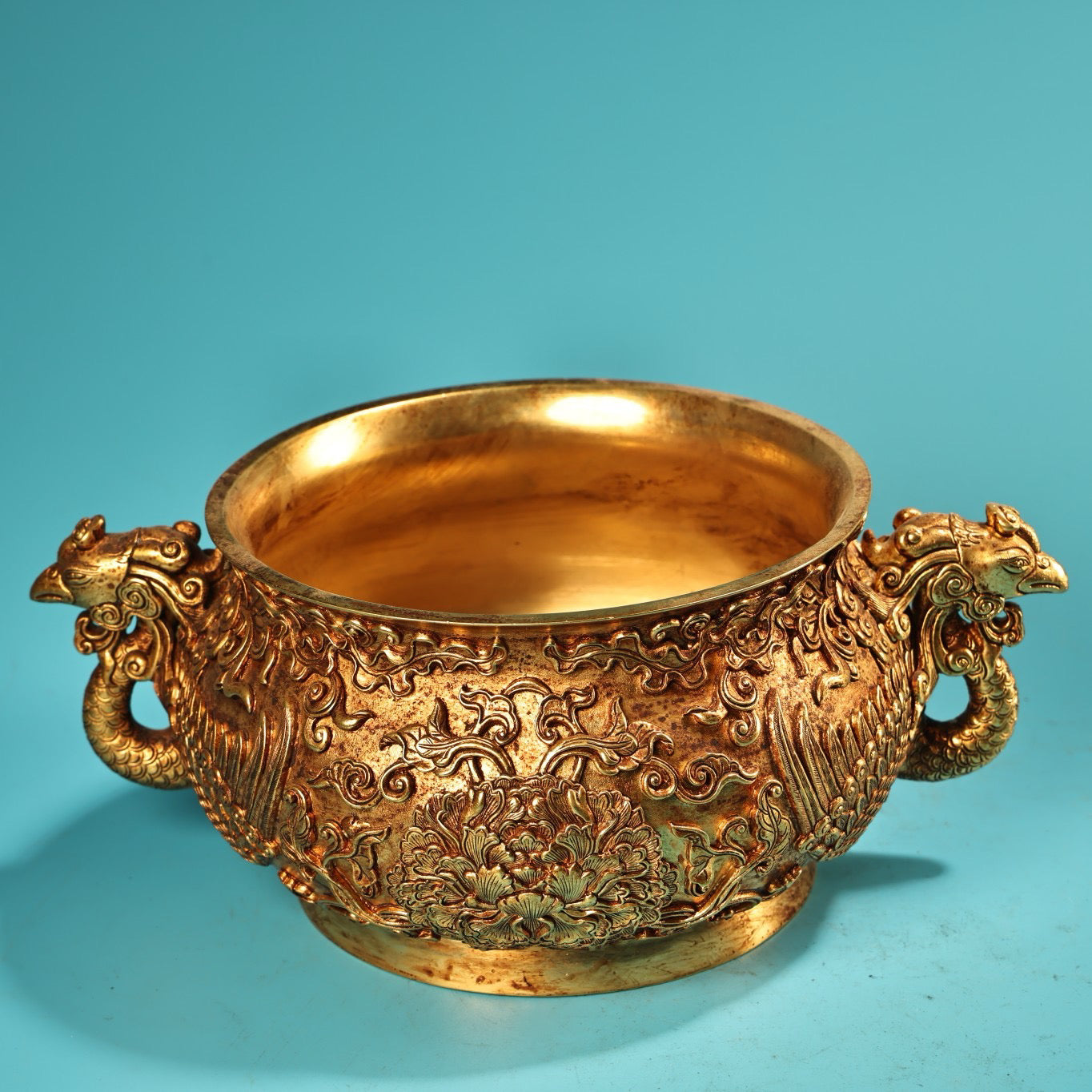 Chinese antique pure copper high relief carved phoenix ear incense burner