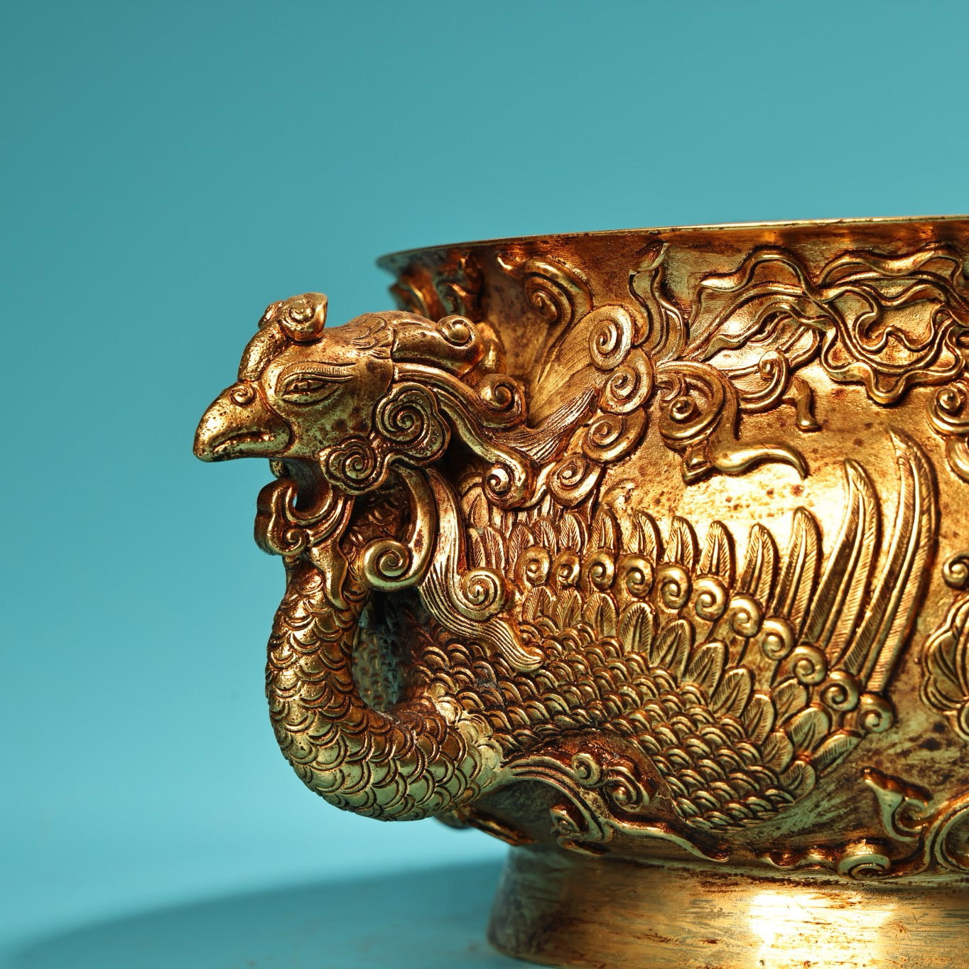 Chinese antique pure copper high relief carved phoenix ear incense burner