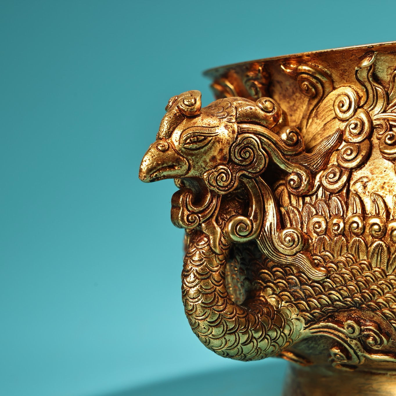 Chinese antique pure copper high relief carved phoenix ear incense burner