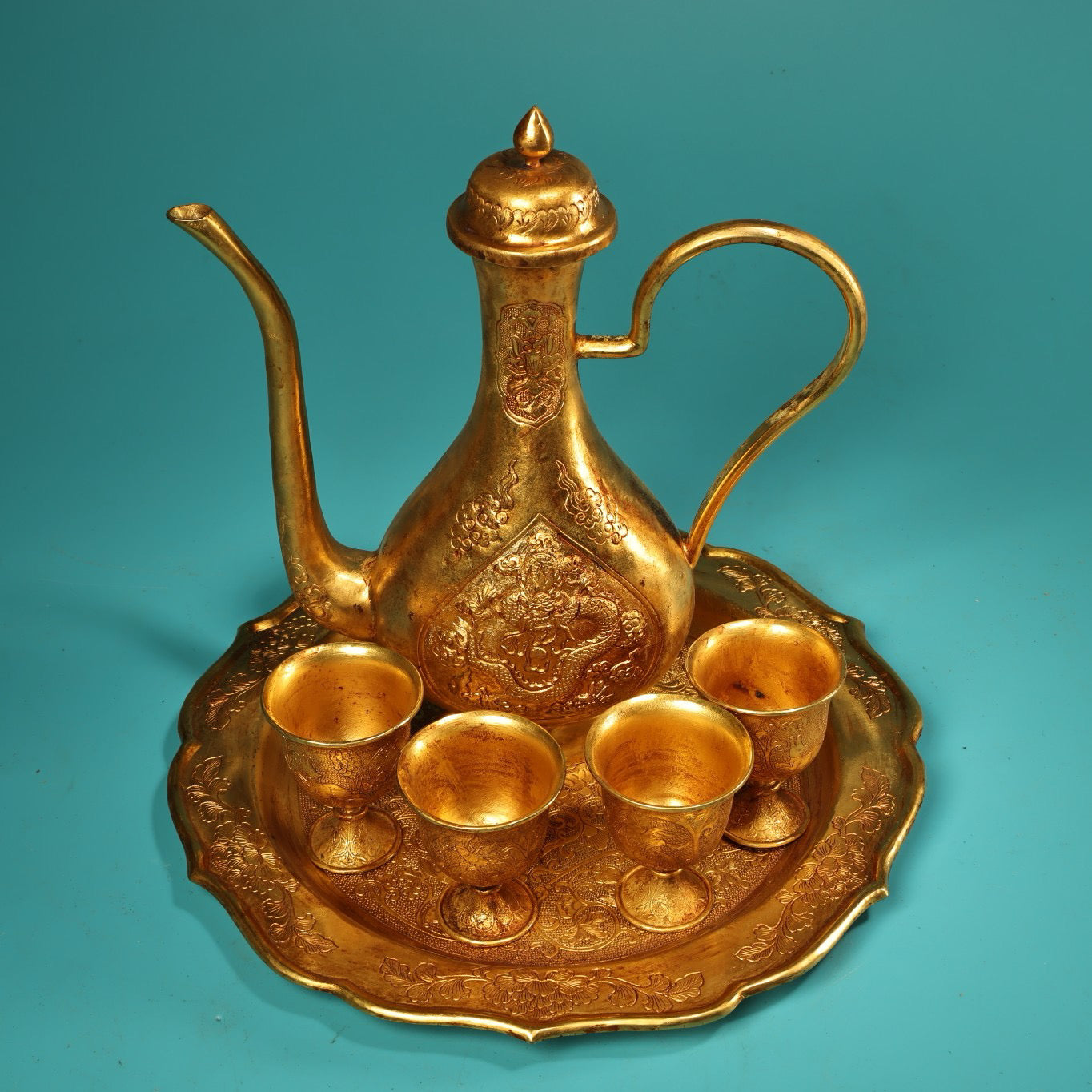 A set of Chinese antique pure copper high relief carved wine utensils