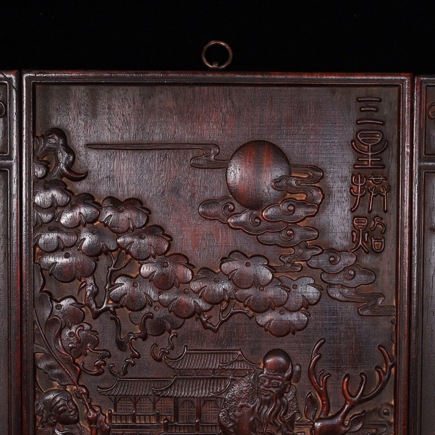 Chinese antique sandalwood carving three-star birthday celebration central hall hanging plaque