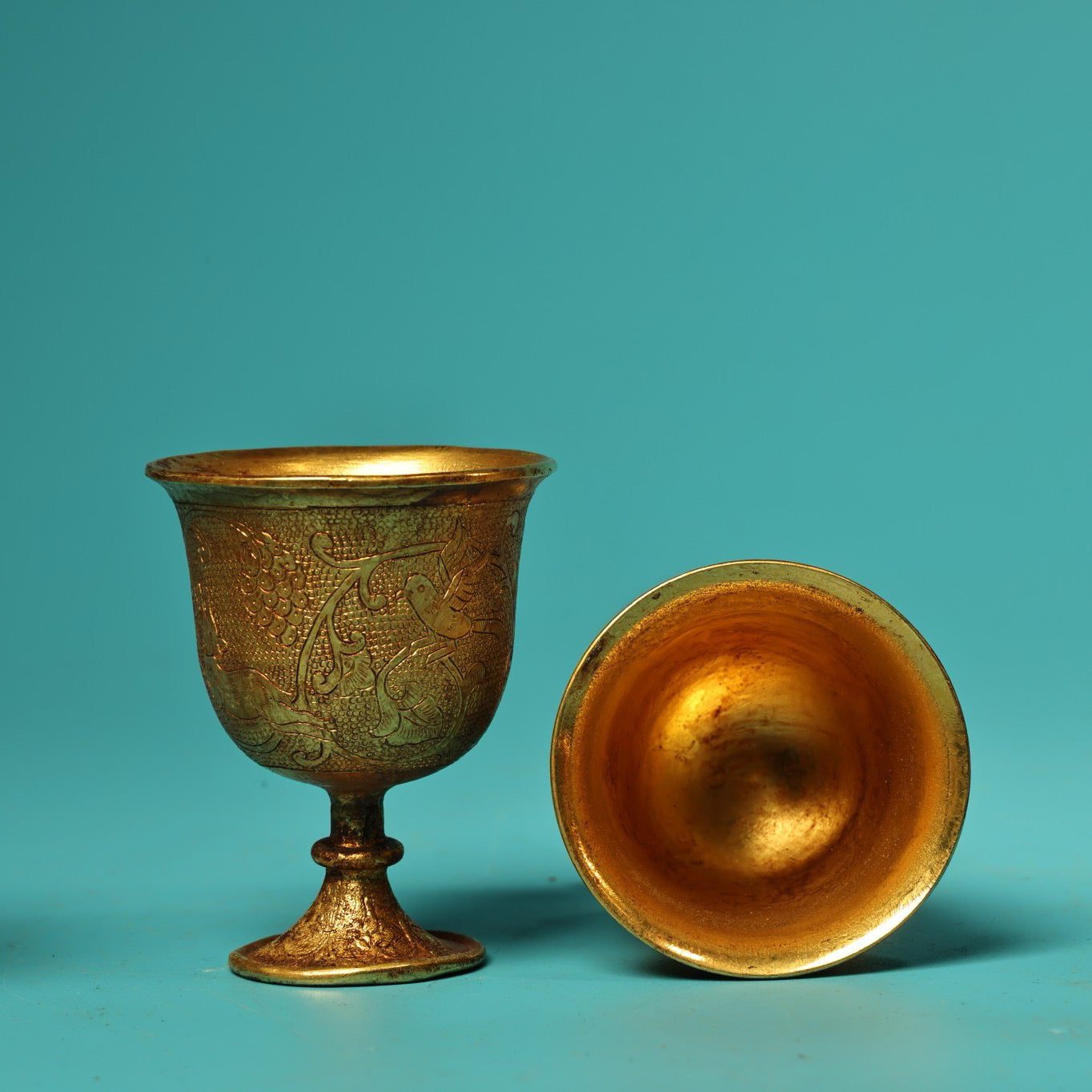 A set of Chinese antique pure copper high relief carved wine utensils