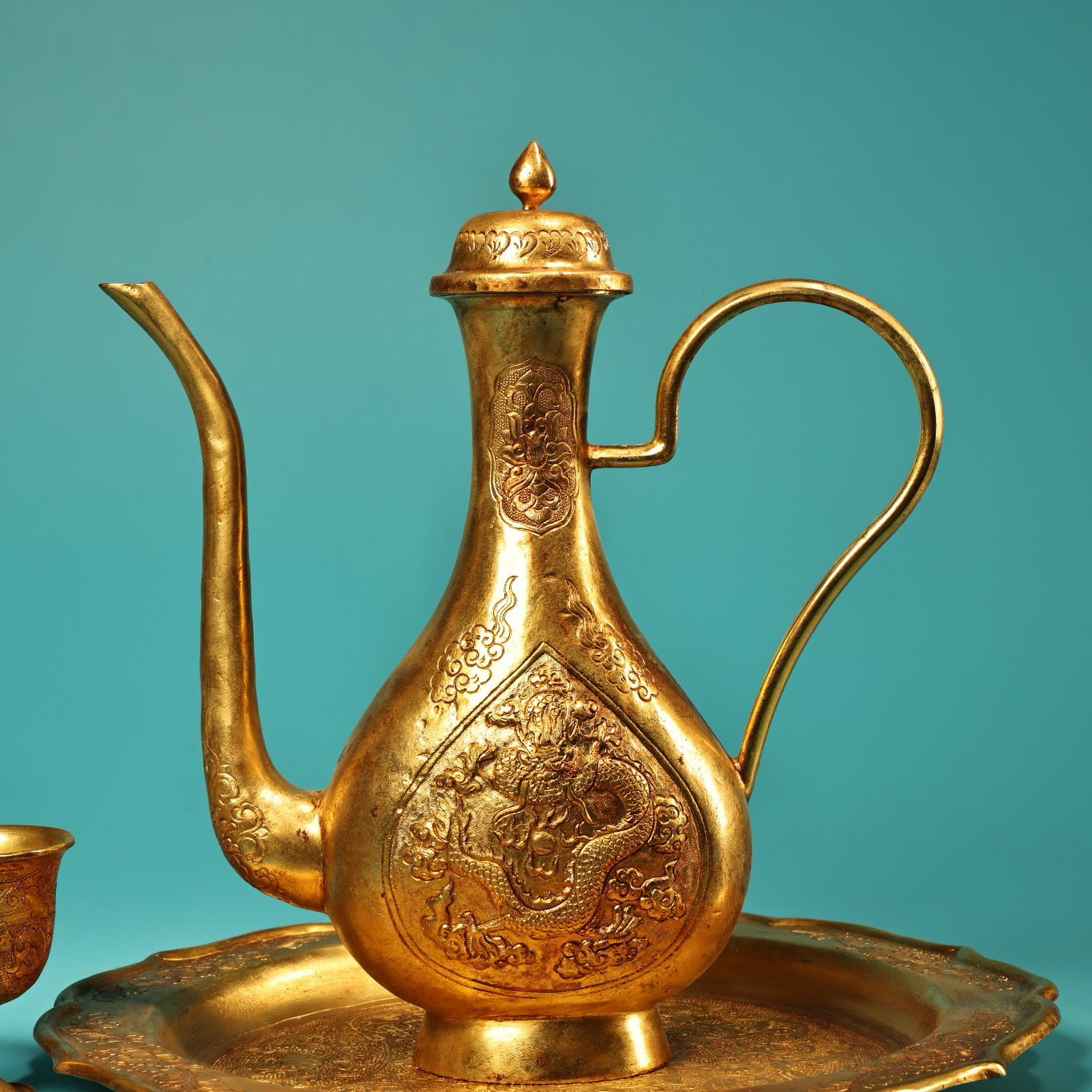 A set of Chinese antique pure copper high relief carved wine utensils