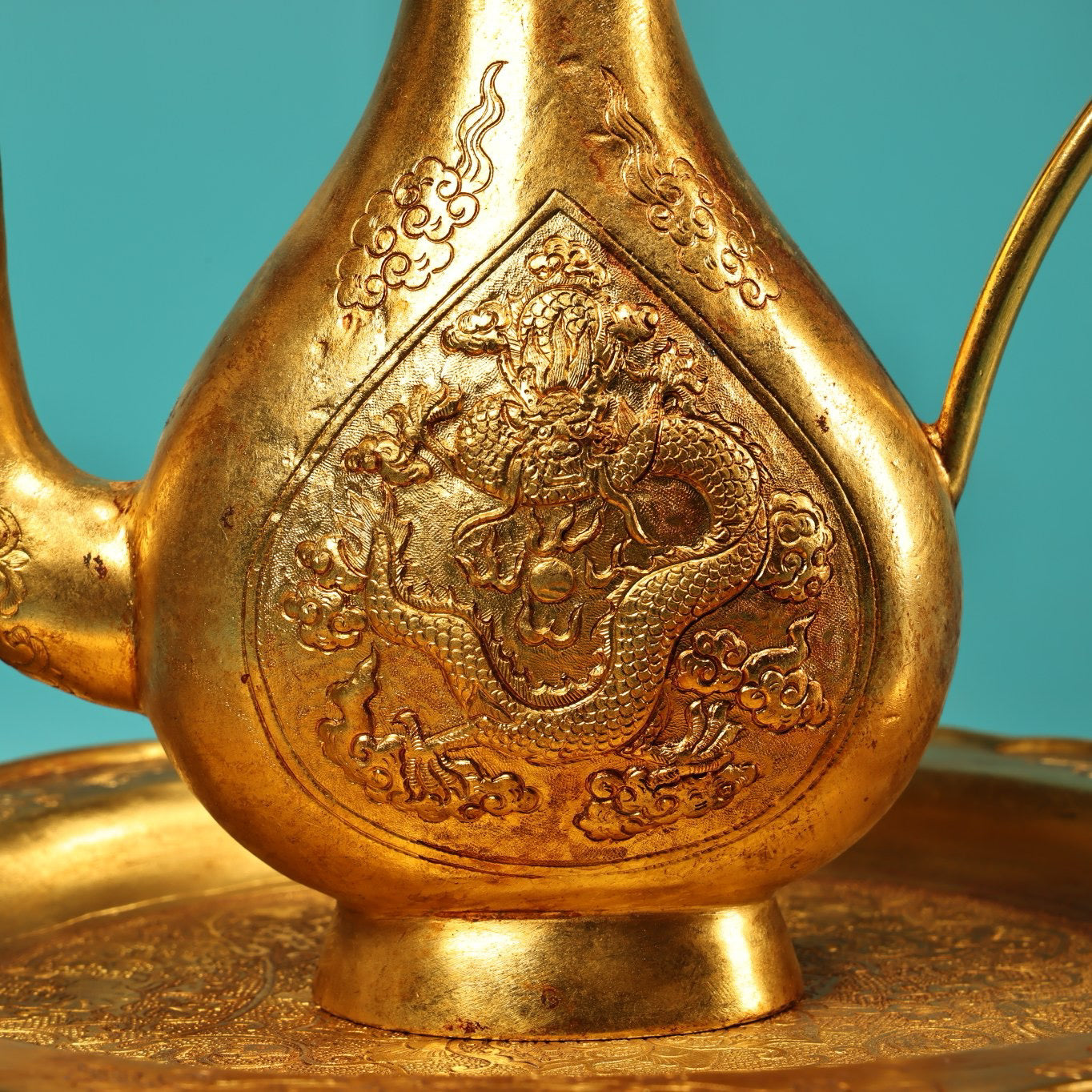 A set of Chinese antique pure copper high relief carved wine utensils