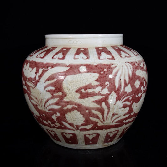 Chinese Antique Red Dew White Fish Algae Pattern Jar