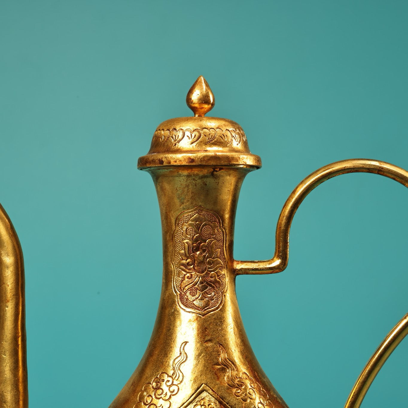 A set of Chinese antique pure copper high relief carved wine utensils