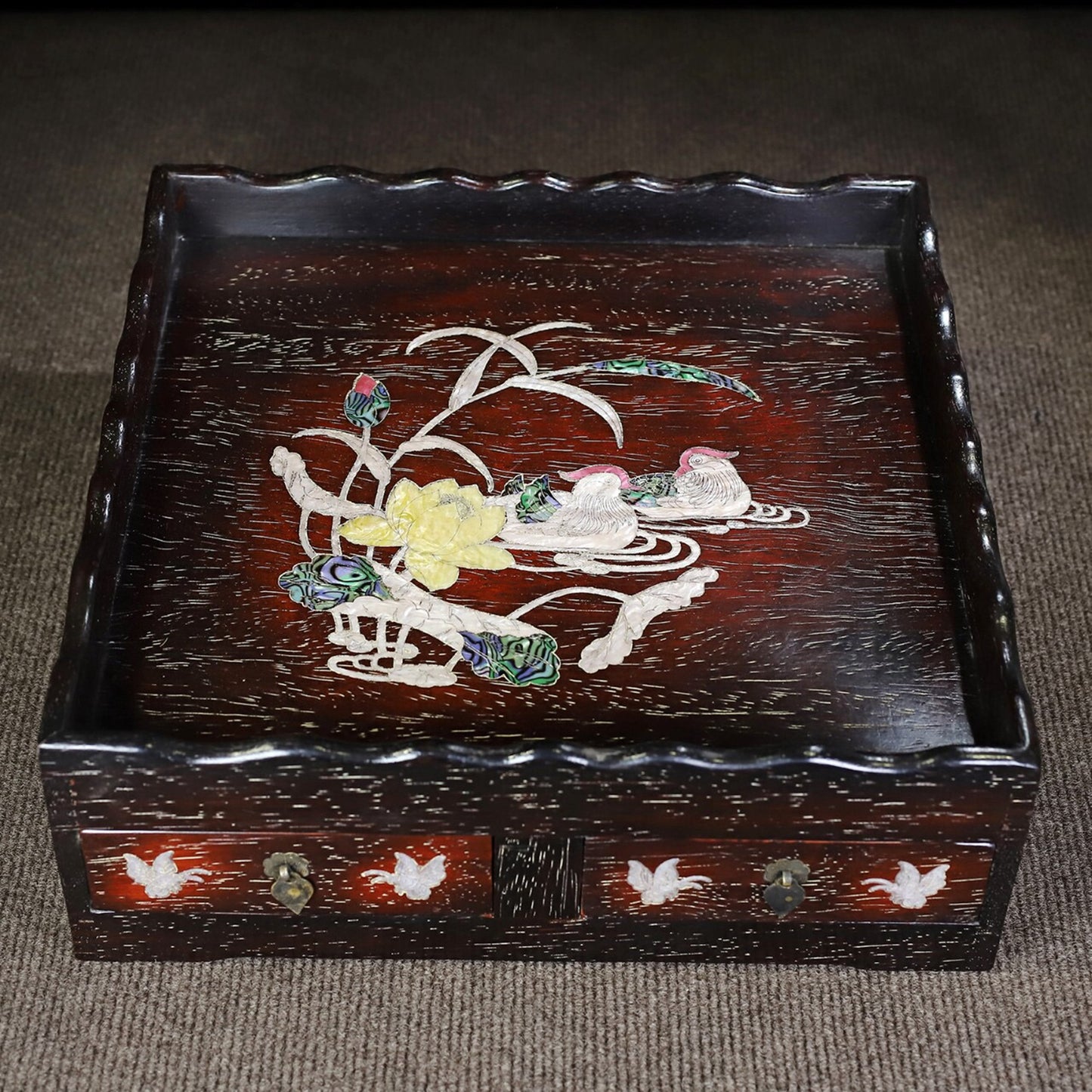 Chinese antique rosewood inlaid with colorful shells, mandarin ducks playing in the water, exquisite tea table