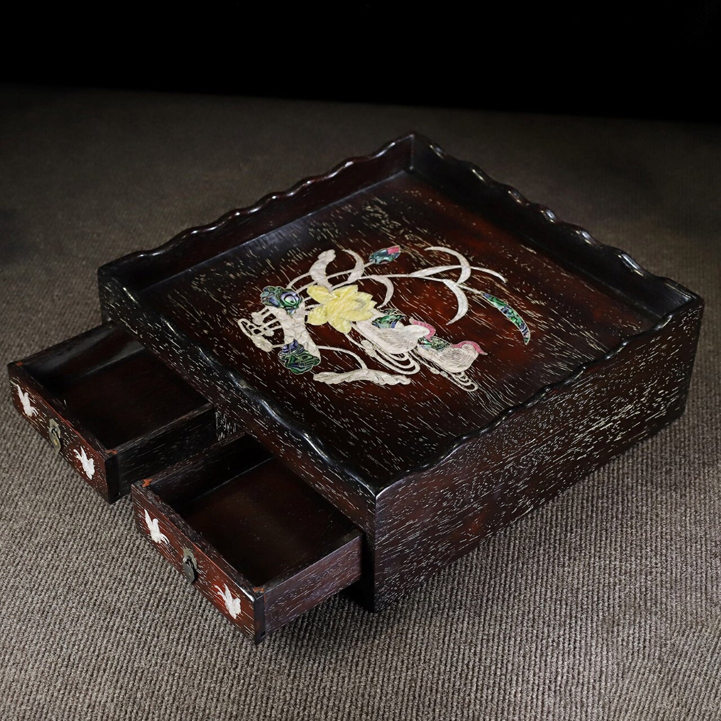 Chinese antique rosewood inlaid with colorful shells, mandarin ducks playing in the water, exquisite tea table