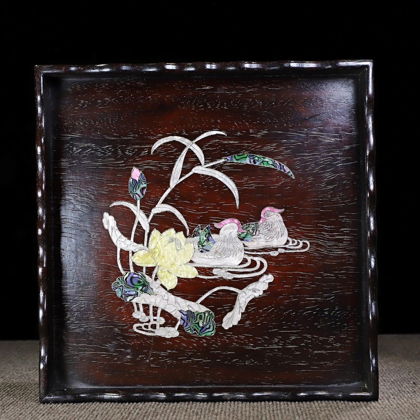 Chinese antique rosewood inlaid with colorful shells, mandarin ducks playing in the water, exquisite tea table