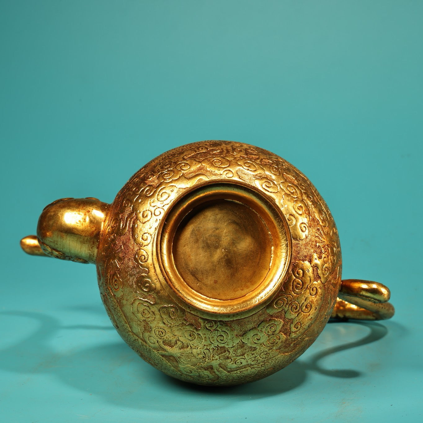 A set of Chinese antique pure copper high relief carved gourd wine pot with plates and wine utensils
