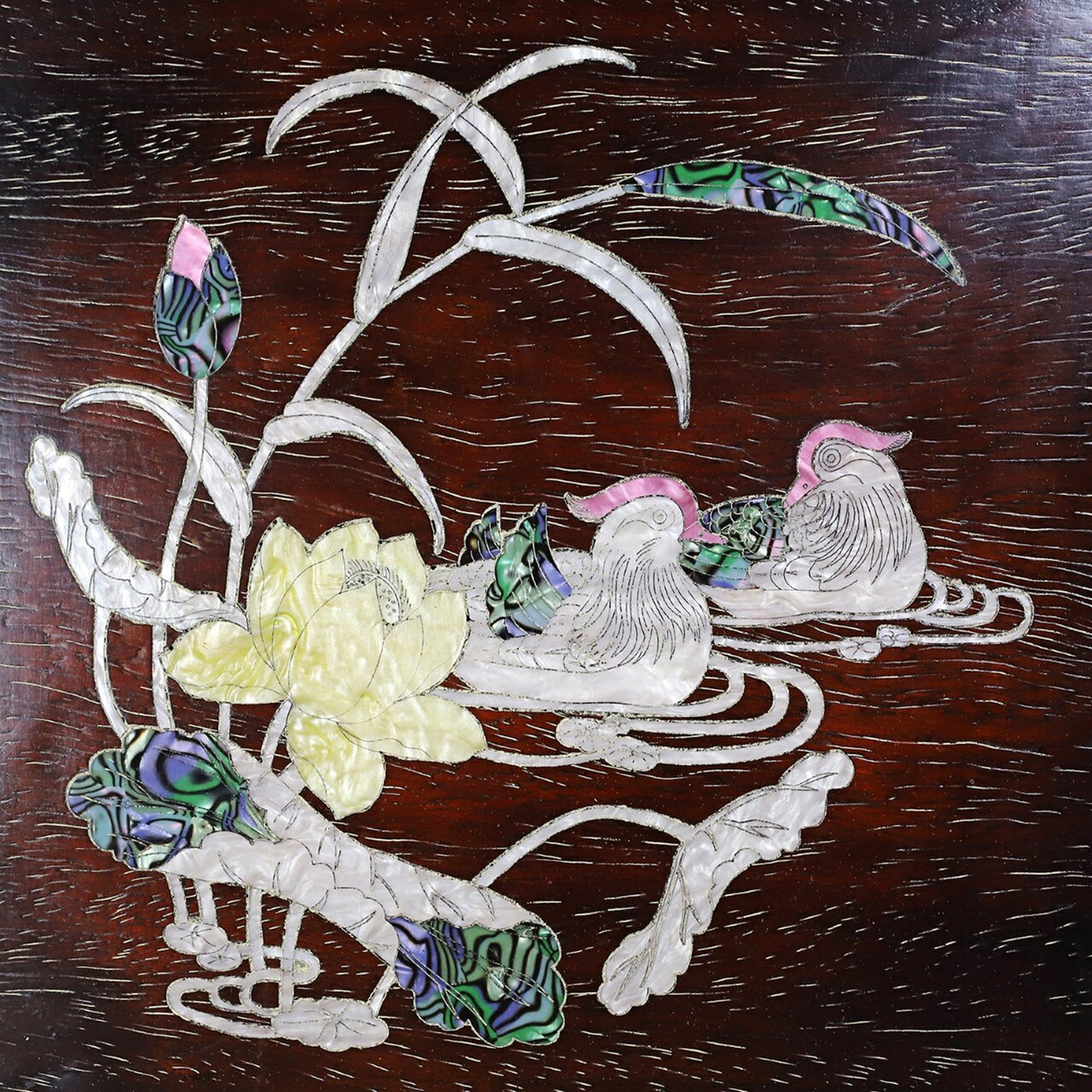 Chinese antique rosewood inlaid with colorful shells, mandarin ducks playing in the water, exquisite tea table