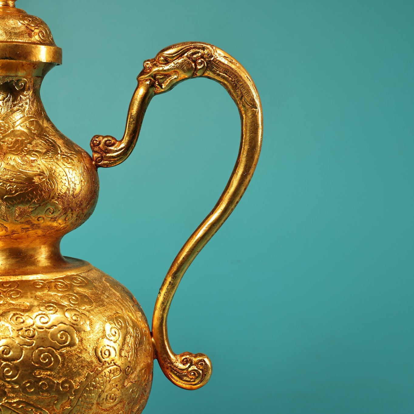 A set of Chinese antique pure copper high relief carved gourd wine pot with plates and wine utensils