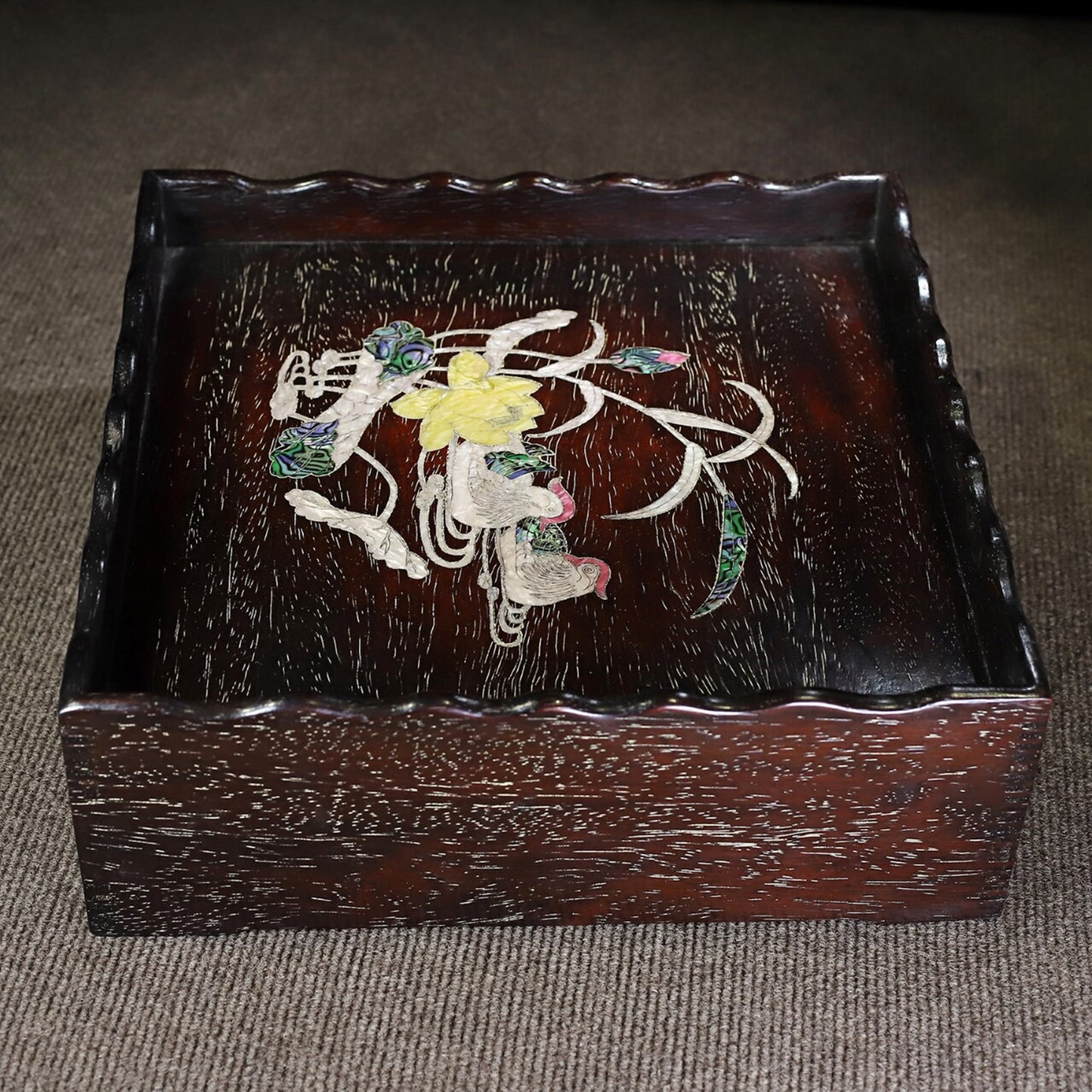 Chinese antique rosewood inlaid with colorful shells, mandarin ducks playing in the water, exquisite tea table