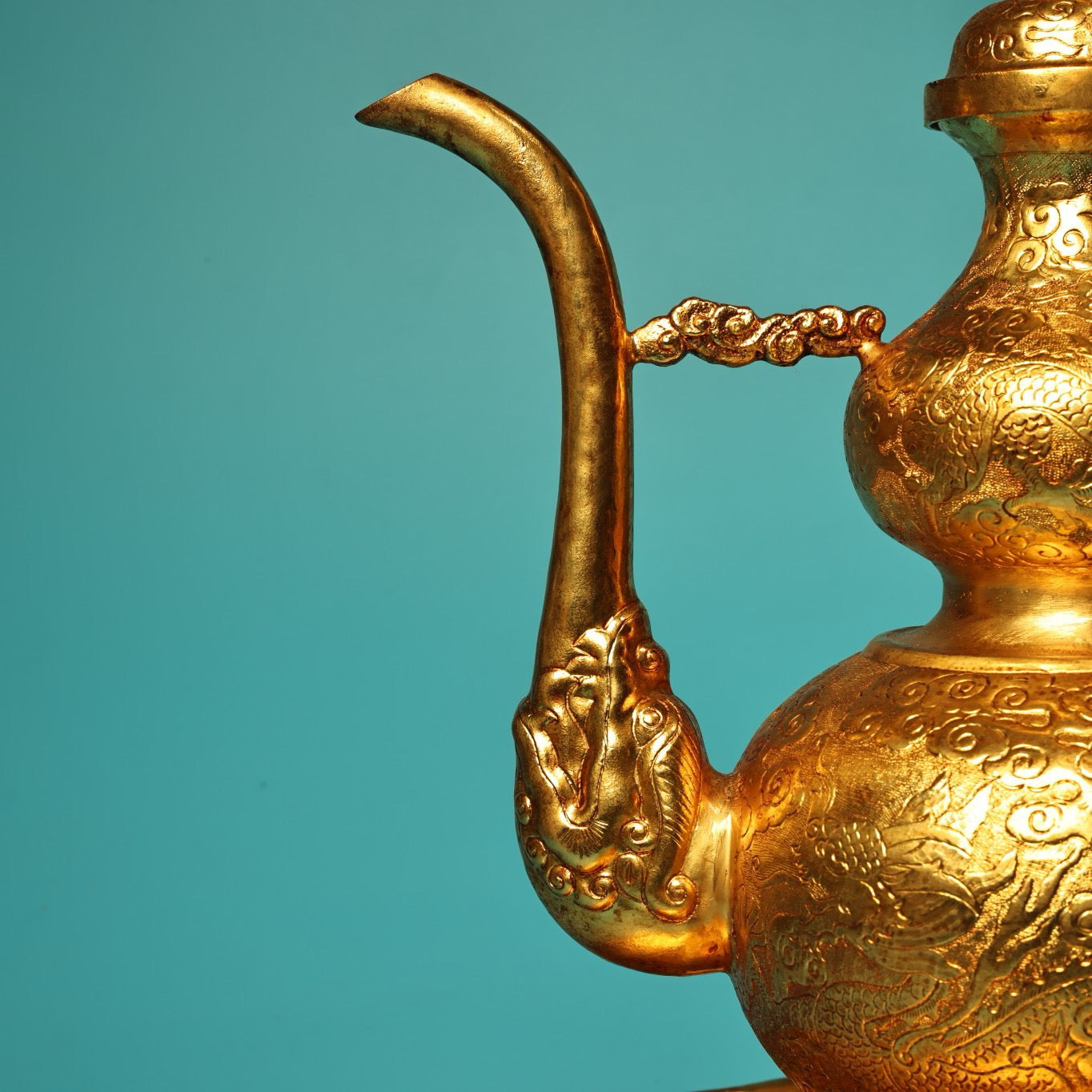 A set of Chinese antique pure copper high relief carved gourd wine pot with plates and wine utensils