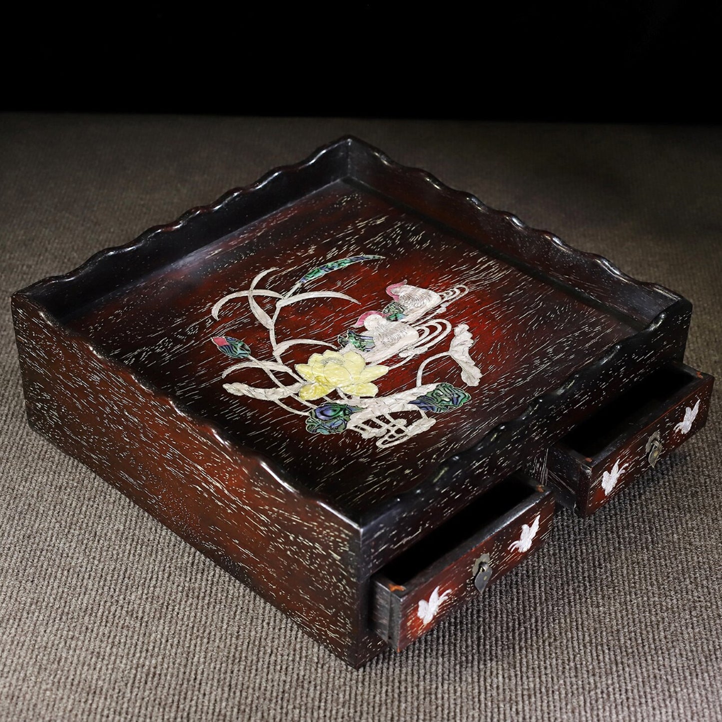 Chinese antique rosewood inlaid with colorful shells, mandarin ducks playing in the water, exquisite tea table