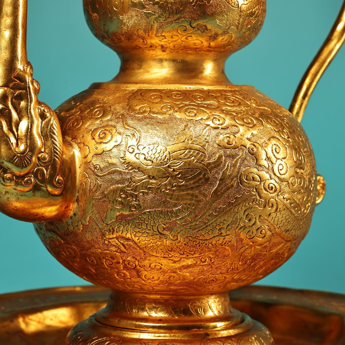 A set of Chinese antique pure copper high relief carved gourd wine pot with plates and wine utensils